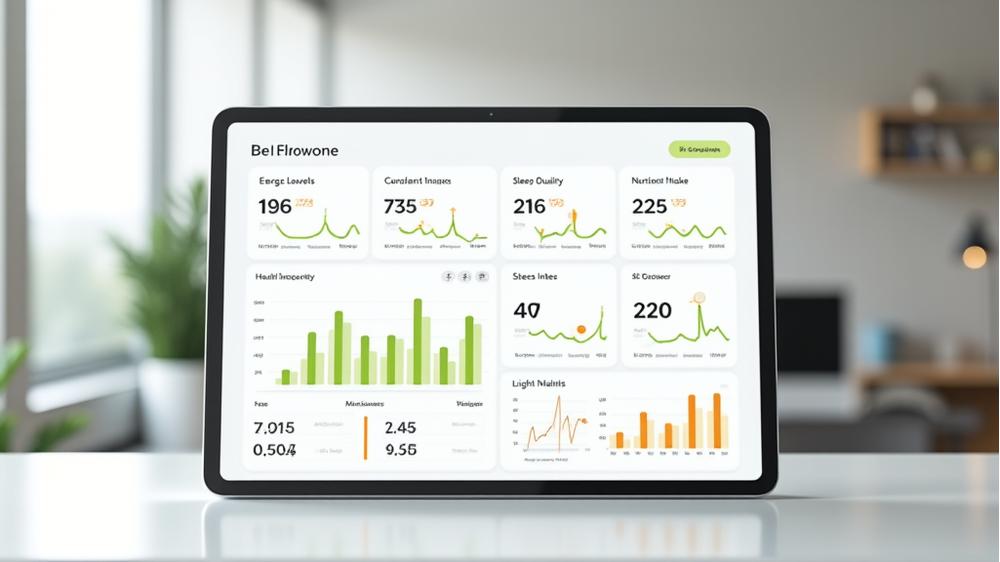 Graficzne przedstawienie panelu analitycznego Zdrowie Dnia, pokazujące różne parametry zdrowotne i lifestyle'owe, z danymi w formie wykresów i wskaźników.
