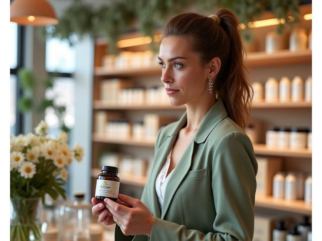 Kobieta w średnim wieku przeglądająca naturalne suplementy i kosmetyki w nowoczesnym sklepie wellness.